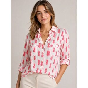 Express White Button-Down Shirt with Pink Pineapple Print